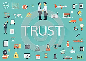 The word TRUST with long shadow surrounding by concerning flat icons photo