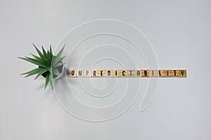 The word Unpredictability written in wooden letter tiles on a white background