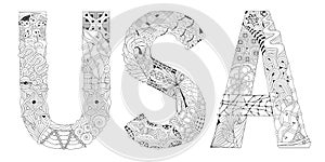 Word USA for coloring. Vector decorative zentangle object