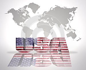 Word USA on a world map background