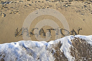 Word VACATION wrote on the sand against background. Message says