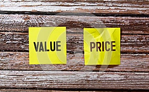 The word value revealed with a missing puzzle piece with the word text. Price and value balance concept