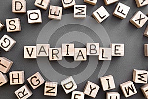 the word variable wooden cubes with burnt letters