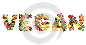 Word VEGAN composed of different fruits with leaves