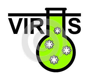 The word virus with a stylized letter u, in the form of a flask with viruses, coronavirus, 2019-nCov, covid-19. Modern flat vector