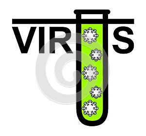 The word virus with a stylized letter U in the form of a test tube in which the virus is closed. Victory over coronavirus, getting