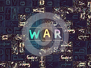 The word War as neon glowing unique typeset symbols, luminous letters war