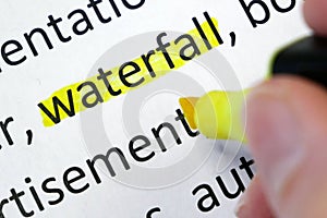 Word waterfall undelnines among other words printed on white paper. Waterfall development concept. Water fall SDLC system