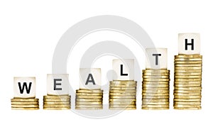 Word WEALTH on Row of Gold Coin Stacks Isolated White