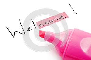 The word welcome highlighted in pink