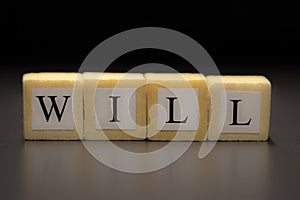 The word WILL written on wooden cubes isolated on a black background