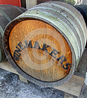 Word Winemakers on wooden barrel photo