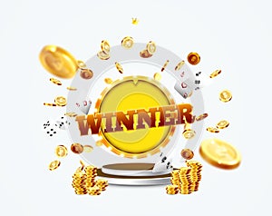 The word Winner, surrounded by a luminous frame and attributes of gambling, on the podium, on a explosion coins, on transparent