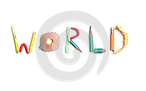 The word world created from office stationery.