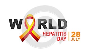 The word WORLD. Striped red and yellow awareness ribbon instead of the letter O in the word World. World Hepatitis Day. July 28th