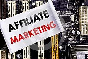 Word, writing Affiliate Marketing. Business concept for Internet Online Written on sticky note, computer main board background.