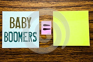 Word, writing Baby Boomers. Business concept for Demographic Generation written on sticky note paper on wooden background. Equatio