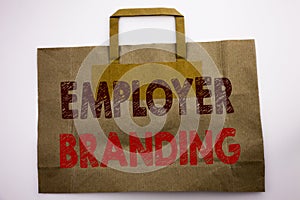 Word, writing Employer Branding. Business concept for Brand Building Written on shopping bag, white isolated background.