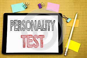 Word, writing Personality Test. Business concept for Attitude Assessment Written on tablet laptop, wooden background with sticky n