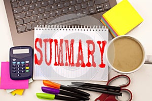 Word writing Summary in the office with laptop, marker, pen, stationery, coffee. Business concept for Brief Review Business Overvi photo