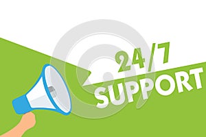 Word writing text 24 7 Support. Business concept for Giving assistance to service whole day and night No downtime Megaphone loudsp