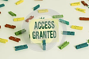 Word writing text Access Granted. Business concept for admittance of users to system and network resources Colored clothespin