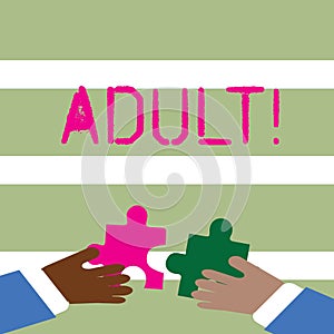 Word writing text Adult. Business concept for Finding ways to educate a mature son, daughter Two Hands Holding Colorful