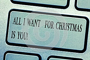 Word writing text All I Want For Christmas Is You. Business concept for Holiday celebrate in couple roanalysistic photo