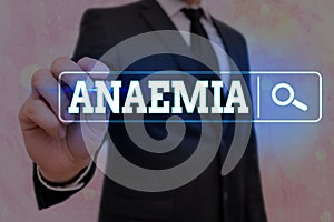 Word writing text Anaemia. Business concept for a condition marked by a deficiency of hemoglobin in the blood Web search