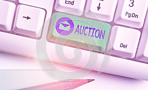 Word writing text Auction. Business concept for Public sale Goods or Property sold to highest bidder Purchase