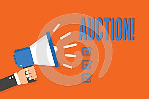 Word writing text Auction. Business concept for Public sale Goods or Property sold to highest bidder Purchase Man