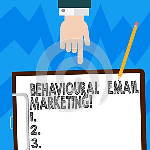 Word writing text Behavioural Email Marketing. Business concept for customercentric trigger base messaging strategy Hu analysis