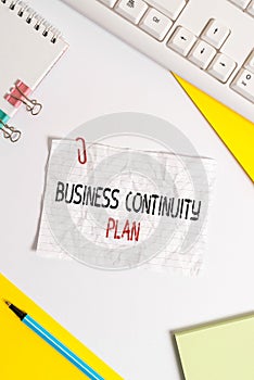 Word writing text Business Continuity Plan. Business concept for creating systems prevention deal potential threats Flat