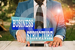 Word writing text Business Structure. Business concept for Organization framework that is legally recognized Businessman in blue