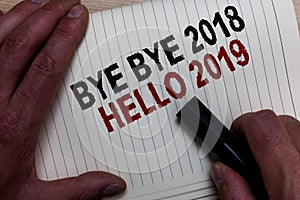 Word writing text Bye Bye 2018 Hello 2019. Business concept for Starting new year Motivational message 2018 is over Man