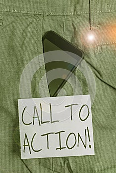 Word writing text Call To Action. Business concept for exhortation do something in order achieve aim with problem Smartphone