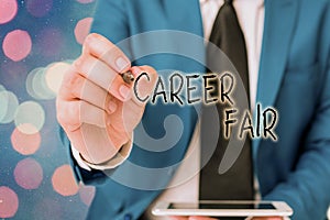 Word writing text Career Fair. Business concept for an event at which job seekers can meet possible employers