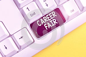 Word writing text Career Fair. Business concept for an event at which job seekers can meet possible employers White pc