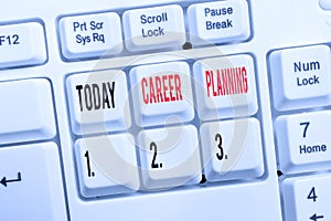 Word writing text Career Planning. Business concept for Strategically plan your career goals and work success White pc