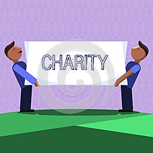 Word writing text Charity. Business concept for Organization provide help Raise money for support showing in need