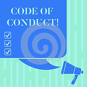 Word writing text Code Of Conduct. Business concept for Ethics rules moral codes ethical principles values respect Color