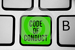 Word writing text Code Of Conduct. Business concept for Ethics rules moral codes ethical principles values respect Keyboard green