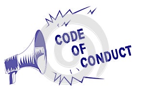 Word writing text Code Of Conduct. Business concept for Ethics rules moral codes ethical principles values respect Purple megaphon