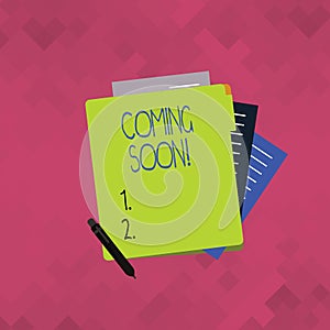 Word writing text Coming Soon. Business concept for event or action that will happen after really short time Colorful
