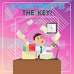 Word writing text Consistency Is The Key. Business concept for by Breaking Bad Habits and Forming Good Ones Confused Male Employee