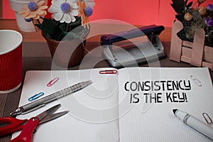 Word writing text Consistency Is The Key. Business concept for by Breaking Bad Habits and Forming Good Ones Scissors and