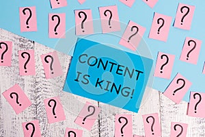 Word writing text Content Is King. Business concept for marketing focused growing visibility non paid search results