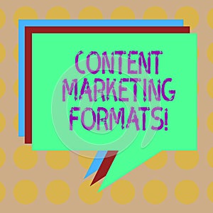 Word writing text Content Marketing Formats. Business concept for the way in which brand is arranged or set out Stack of