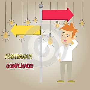 Word writing text Continuous Compliance. Business concept for proactively maintaining a safe health care environment Man