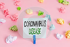 Word writing text Coronavirus Disease. Business concept for defined as illness caused by a novel virus SARSCoV2 Colored